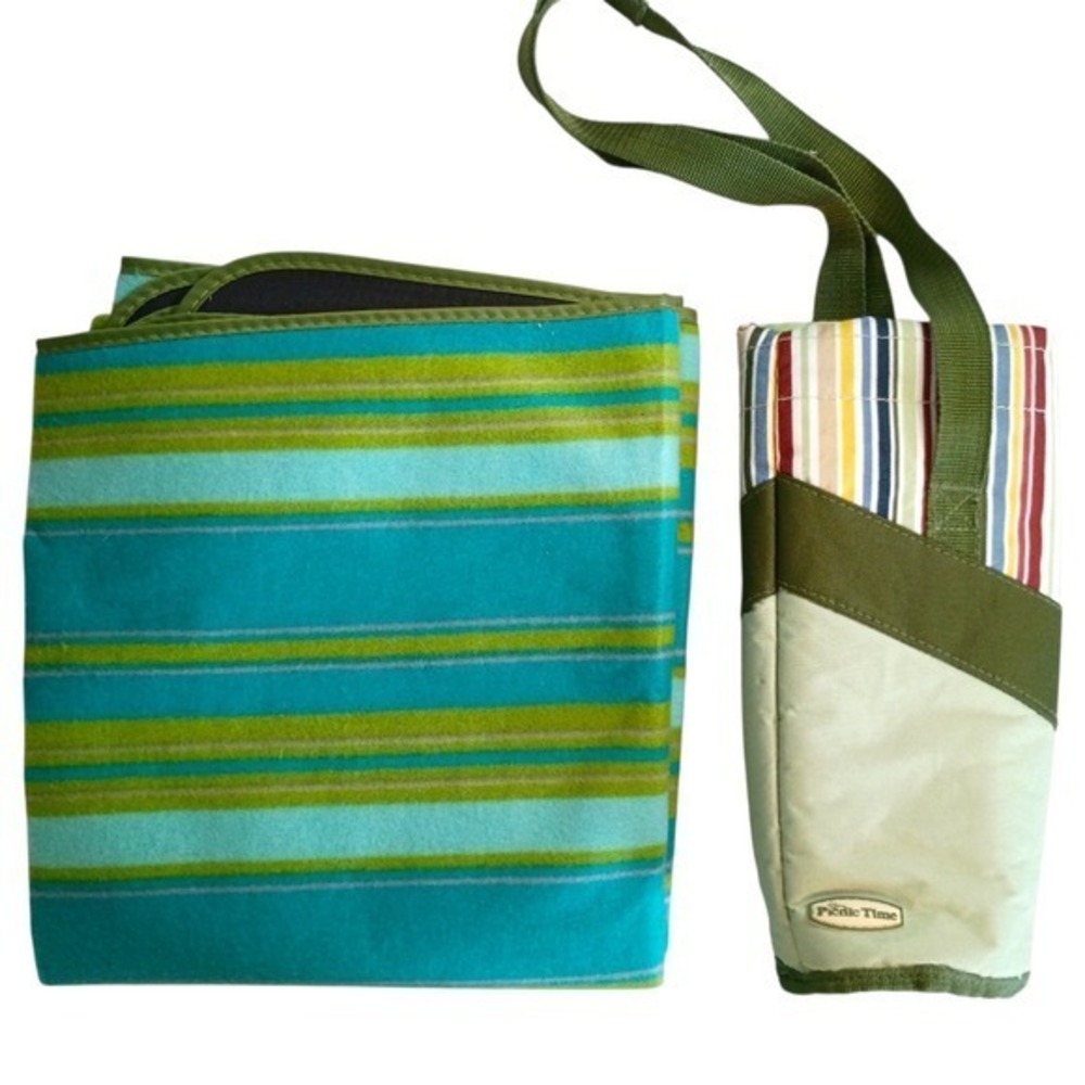 Picnic Time Outdoor Blanket Striped Turquoise‎ Green Water Resistant & Wine Bag